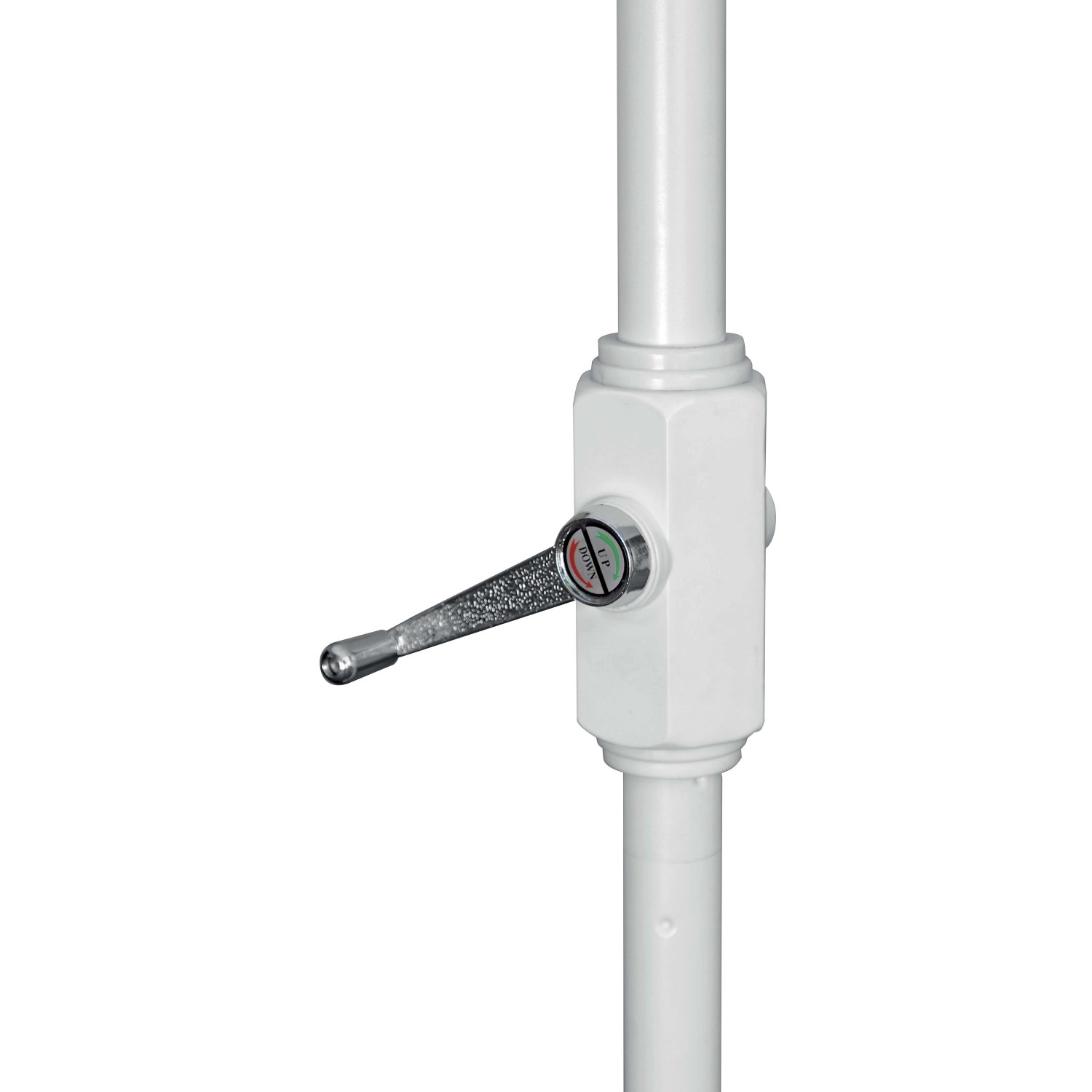 Dettaglio del meccanismo a manovella bianco di un ombrellone t.b.t.