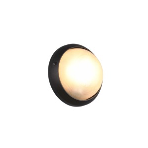 Plafoniera t.b.t. rotonda con cornice nera e diffusore luminoso a coste.