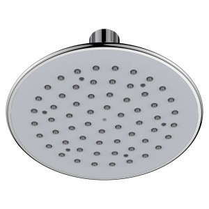 Soffione doccia t.b.t. rotondo, cromato con superficie grigia e ugelli.