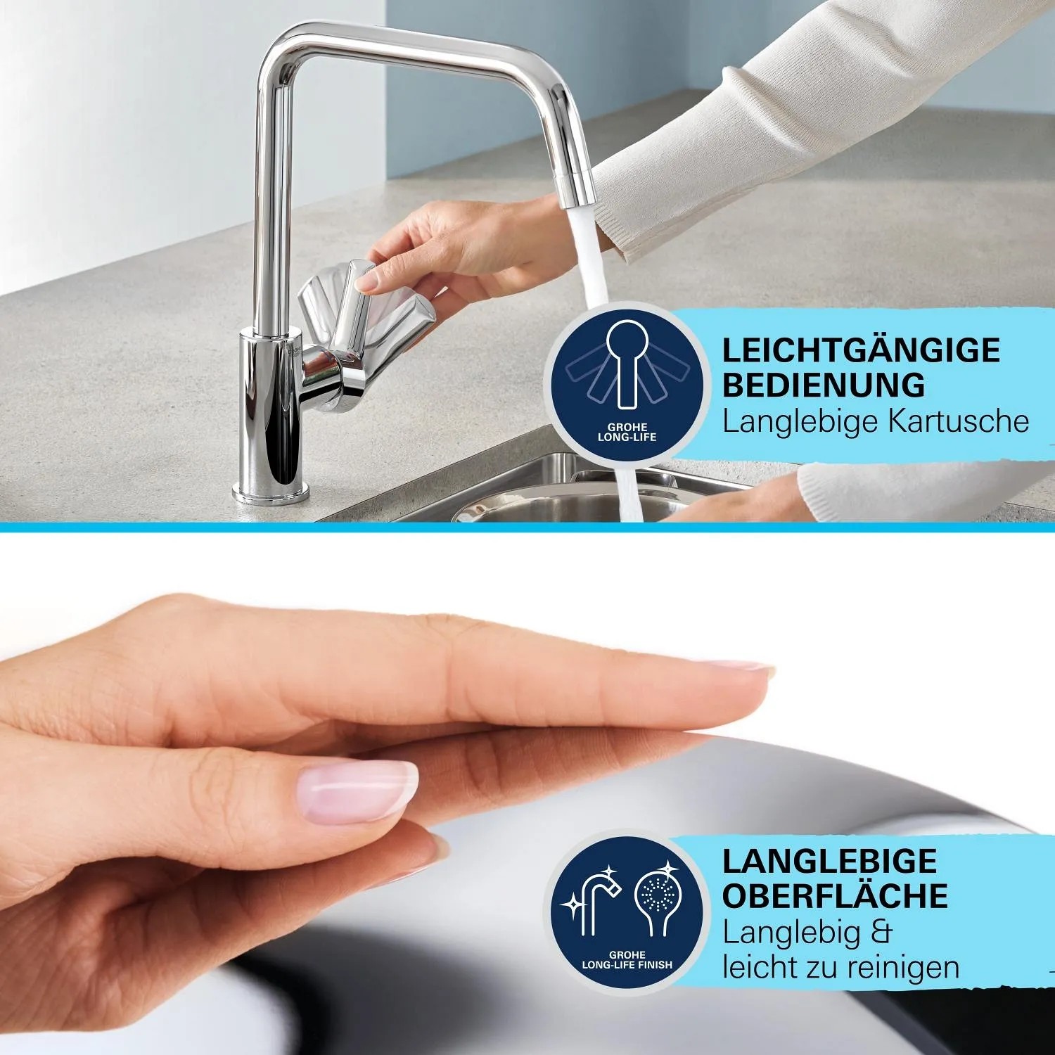 Miscelatore cucina cromato Grohe QuickFix Start Loop con bocca alta e funzionamento.