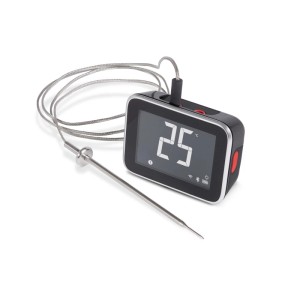 Stazione base Weber Smart Hub nera e argento con sonda di temperatura e display digitale.