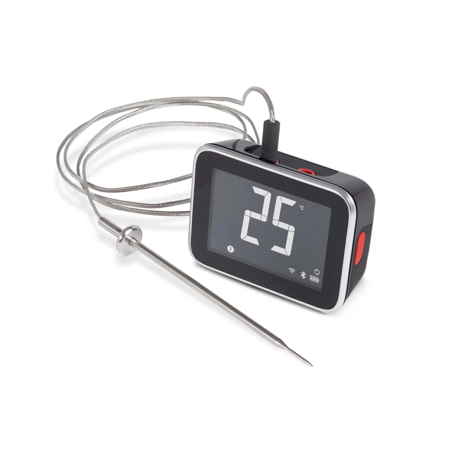 Stazione base Weber Smart Hub nera e argento con sonda di temperatura e display digitale.