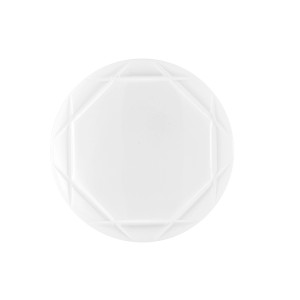 Plafoniera t.b.t. bianca rotonda con motivo geometrico.