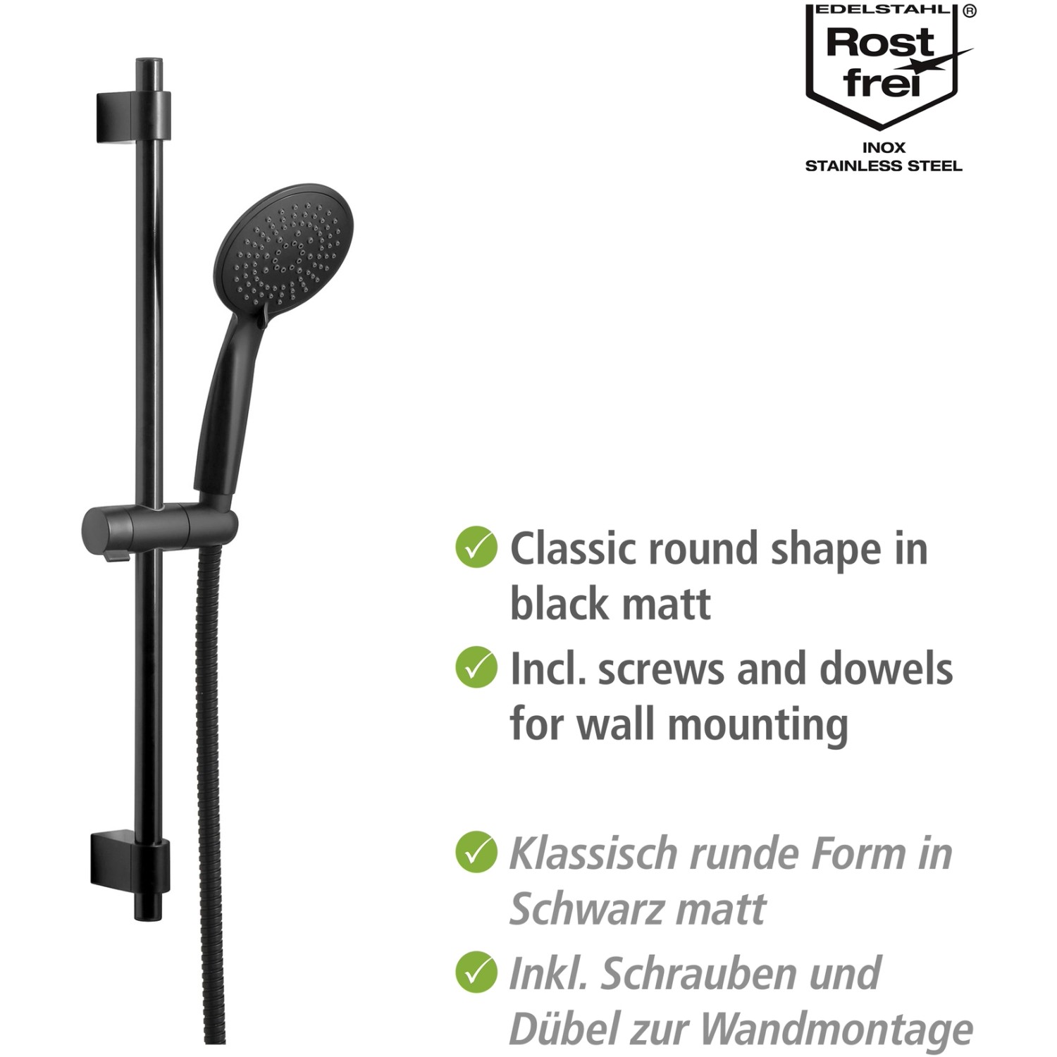 Wenko Set doccia Young nero: asta doccia con doccetta e tubo flessibile in nero opaco.