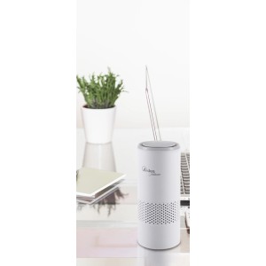 Deumidificatore t.b.t. su un tavolo con laptop e pianta.