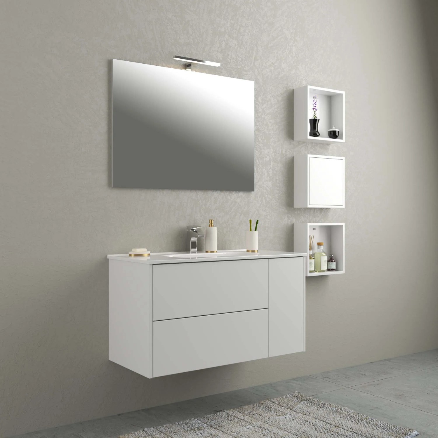 Set di mobili da bagno moderni bianchi con lavabo, specchio e mensole per un design elegante.