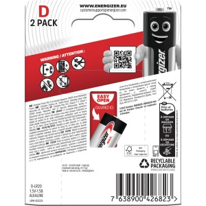 Energizer Max D Mono Batterie alcaline, confezione da 2. Ideale per dispositivi di uso quotidiano.