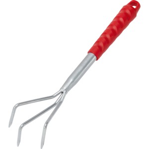Zappetta manuale da 37 cm con tre denti e manico rosso, utensile da giardino per smuovere il terreno.