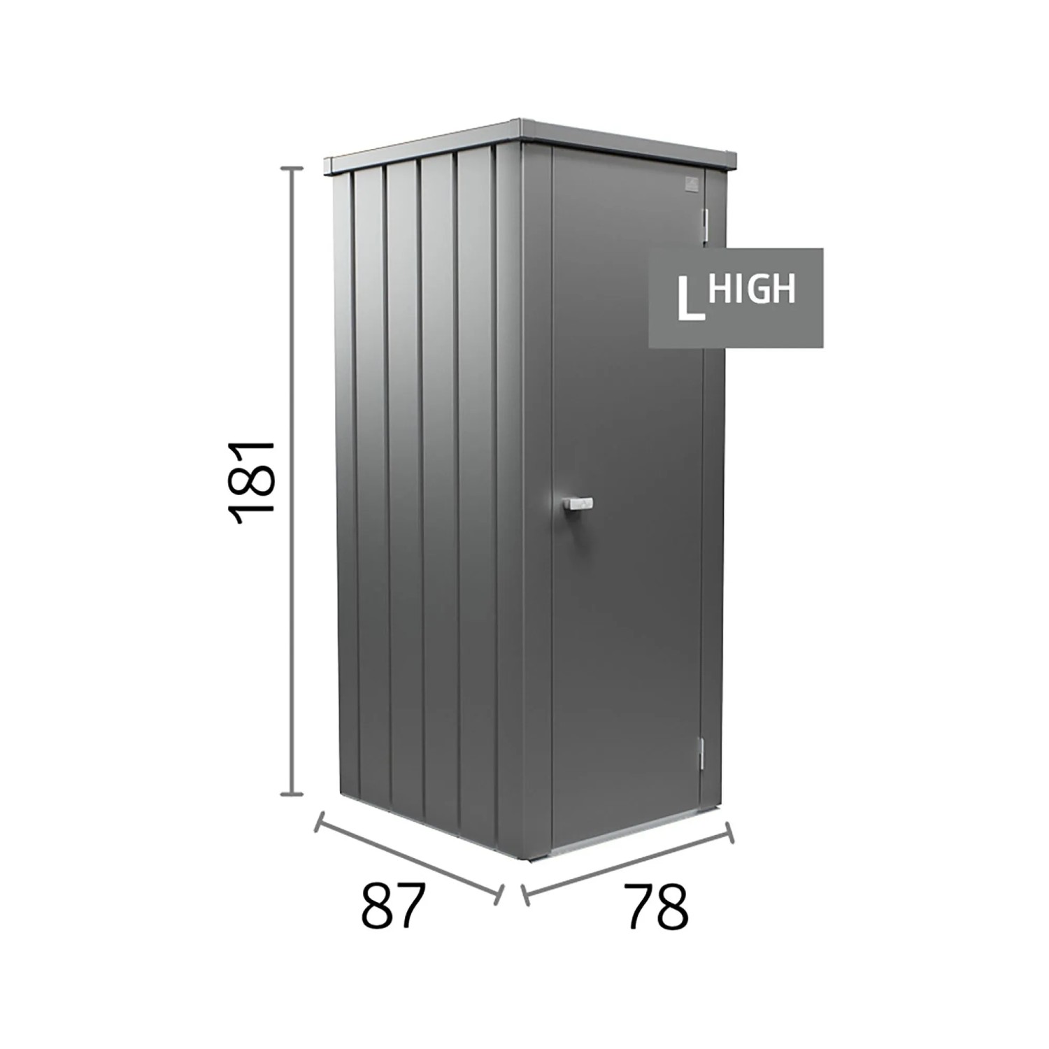 Armadio da terrazza Biohort Julia Gr. L High, grigio quarzo metallizzato, con dimensioni.