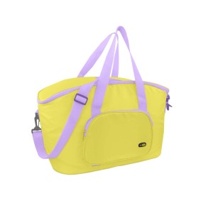 Borsa da campeggio gialla con manici viola e tasca frontale.