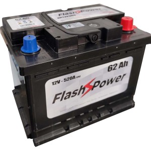 Batteria auto nera 12V 62Ah Flash Power per impianti elettrici auto.