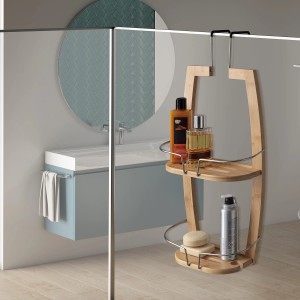 Mensola da bagno in bambù da appendere alla parete della doccia, con due ripiani per accessori doccia.