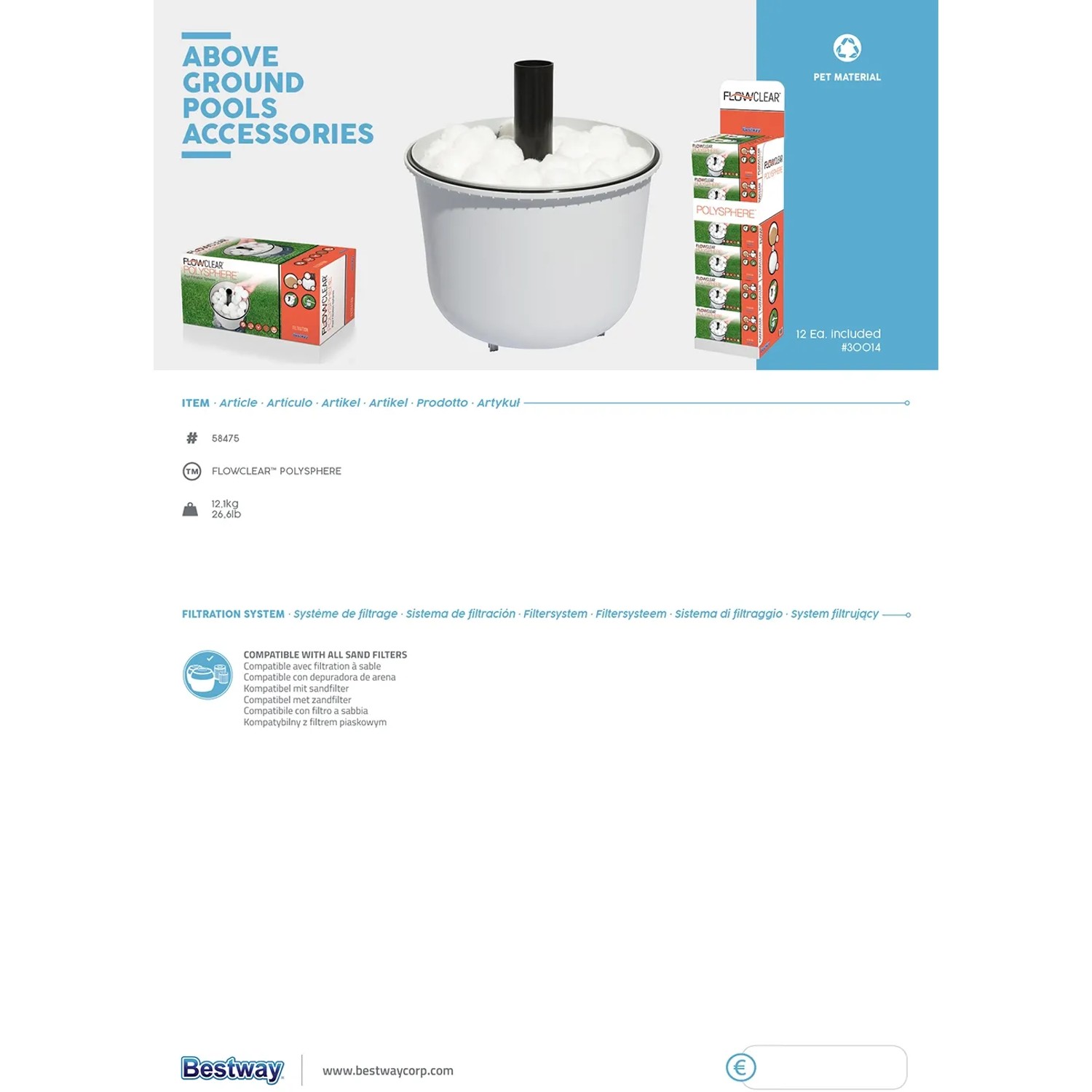Flowclear Polysphere sfere filtranti 500g per filtro a sabbia piscina, alternativa alla sabbia filtrante.