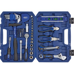 Valigetta attrezzi LUX Classic blu aperta, 69 pezzi con assortimento di utensili.