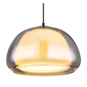 Moderna lampada a sospensione t.b.t. con paralume in vetro grigio-dorato per un'illuminazione elegante.