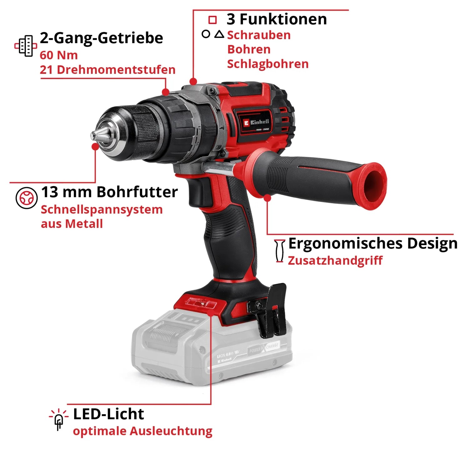 Einhell Avvitatore a impulsi a batteria TP-CD 18/60 Li-i BL Solo, rosso/nero, con impugnatura supplementare.