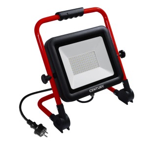 Faro da cantiere LED con telaio rosso e corpo nero.