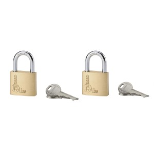 Due lucchetti t.b.t. con chiavi. Corpo color ottone, arco color argento.