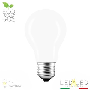 Lampadina LED E27, bianco opaco, a risparmio energetico. Ideale per ambienti domestici.