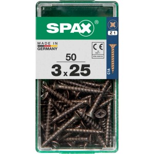 Viti per legno SPAX 3x25 mm, 50 pezzi in contenitore di plastica verde.