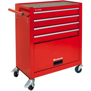 Carrello da officina rosso Einhell TC-TW 100 con 4 cassetti, vano portaoggetti e ruote.