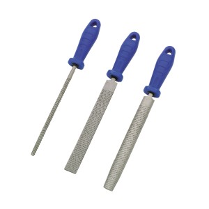 Set lime LUX, 3 pezzi: raspe piatta, tonda e mezzotonda con manico blu.