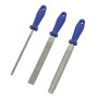 Set lime LUX, 3 pezzi: raspe piatta, tonda e mezzotonda con manico blu.