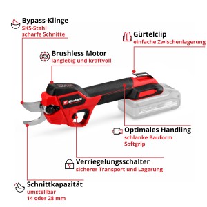 Forbice per rami a batteria Einhell GP-LS 18/28 Li BL-Solo: Cesoie da giardino a batteria con corpo rosso e lama bypass.