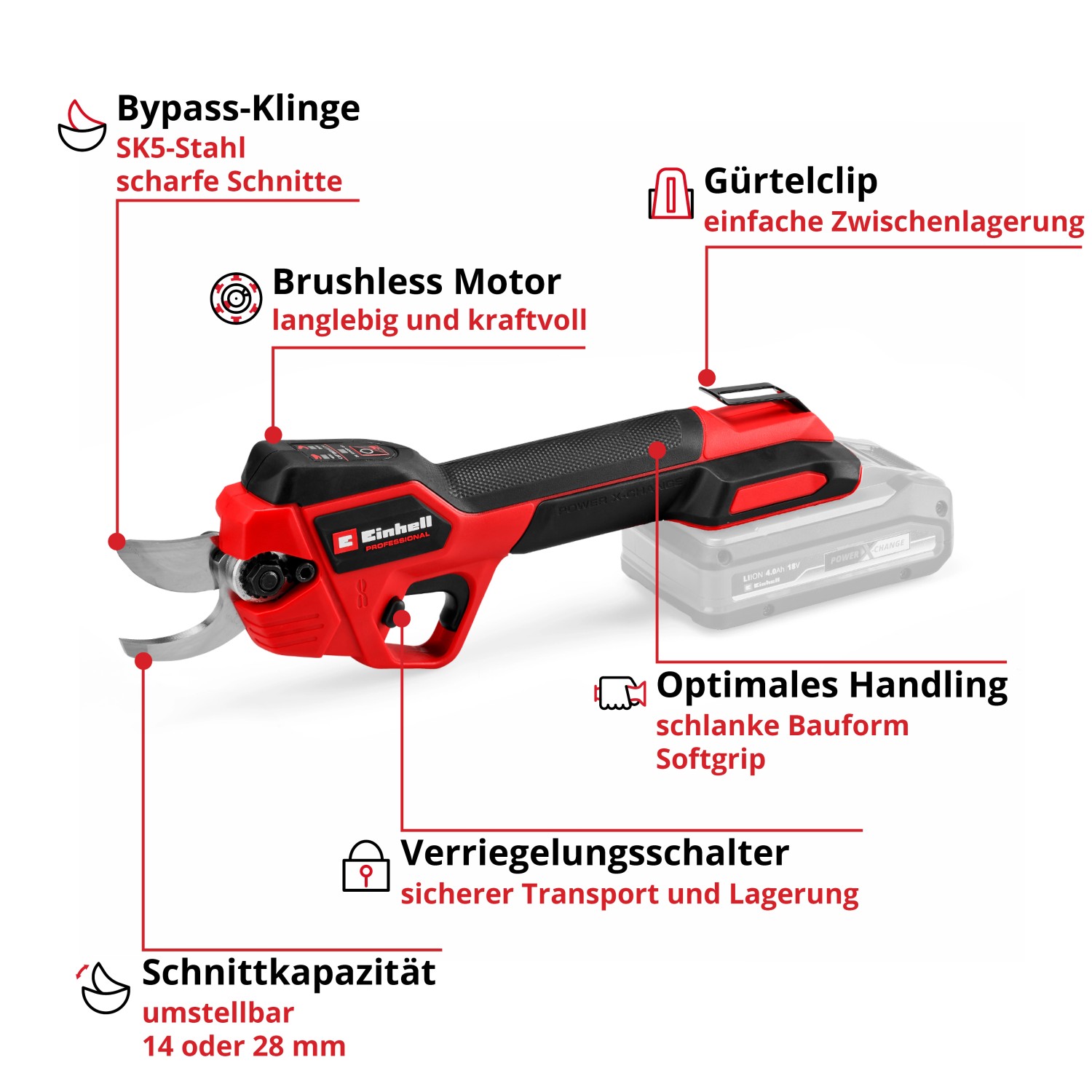 Forbice per rami a batteria Einhell GP-LS 18/28 Li BL-Solo: Cesoie da giardino a batteria con corpo rosso e lama bypass.
