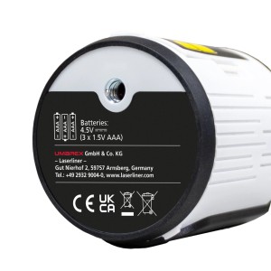 Retro del Laserliner EasyCross-Laser Green con vano batteria e informazioni del produttore.