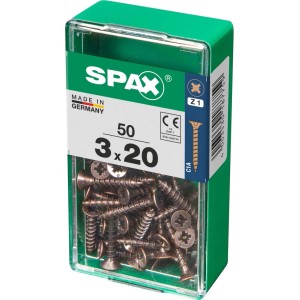 Viti per legno SPAX 3x20 mm in contenitore di plastica verde.