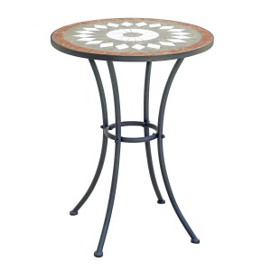 Tavolino da giardino rotondo con mosaico, ideale per balcone o terrazza.