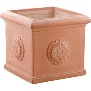 Vaso da fiori quadrato in terracotta con decoro floreale.