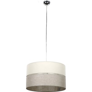 Moderna lampada a sospensione t.b.t. con paralume in tessuto bicolore (beige/grigio) per illuminazione soggiorno.