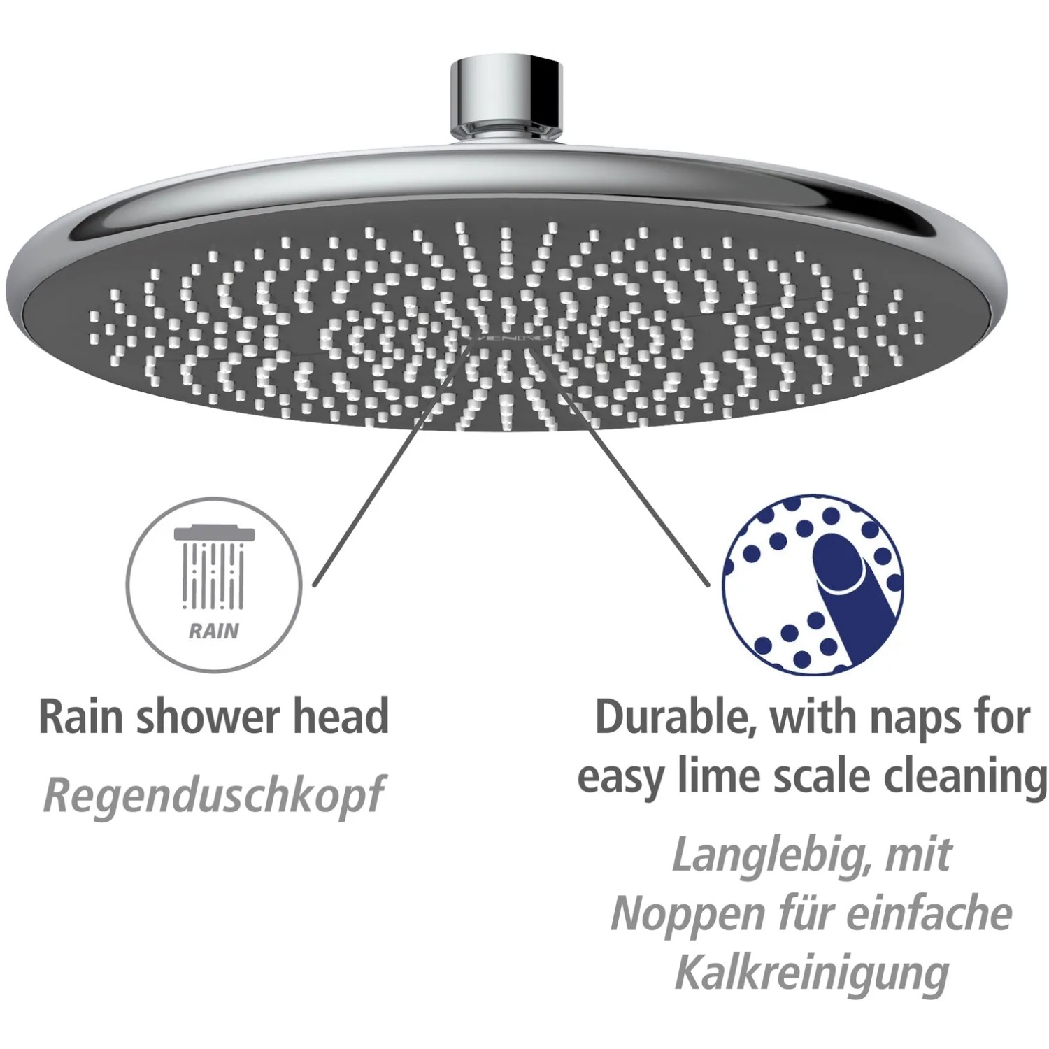 Soffione doccia a pioggia cromato Wenko Watersaving con testa rotonda e ugelli anticalcare.