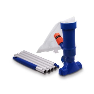 Pulitore per piscina blu con asta telescopica e sacco di raccolta