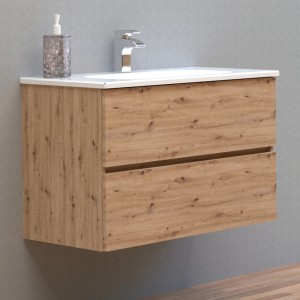 Mobile bagno color legno con due cassetti e lavabo da appoggio. Arredo bagno.