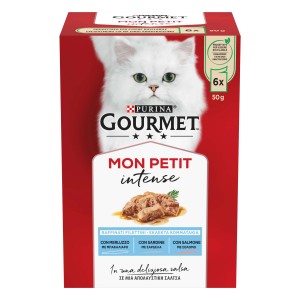 Purina Gourmet Mon Petit cibo umido per gatti, 6x50g, con pesce in salsa.