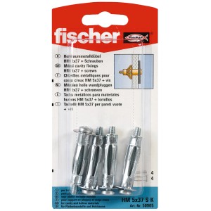 Fischer tasselli a espansione HM 5x37 SK, 4 pezzi, in metallo con viti per cartongesso e cavità.