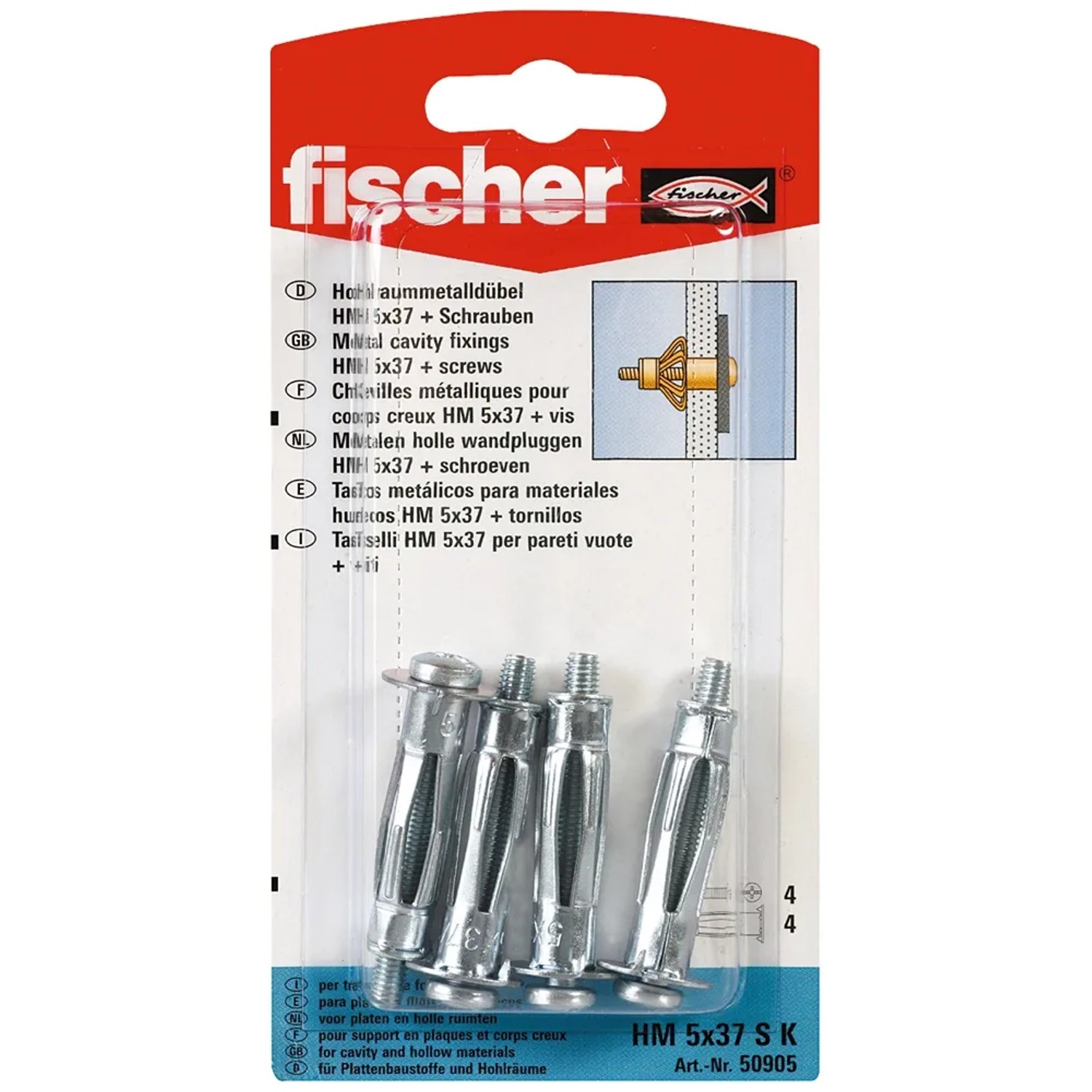 Fischer tasselli a espansione HM 5x37 SK, 4 pezzi, in metallo con viti per cartongesso e cavità.
