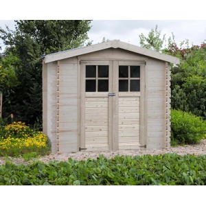 Casetta da giardino in legno con doppia porta e finestre. Ideale per riporre gli attrezzi da giardino.