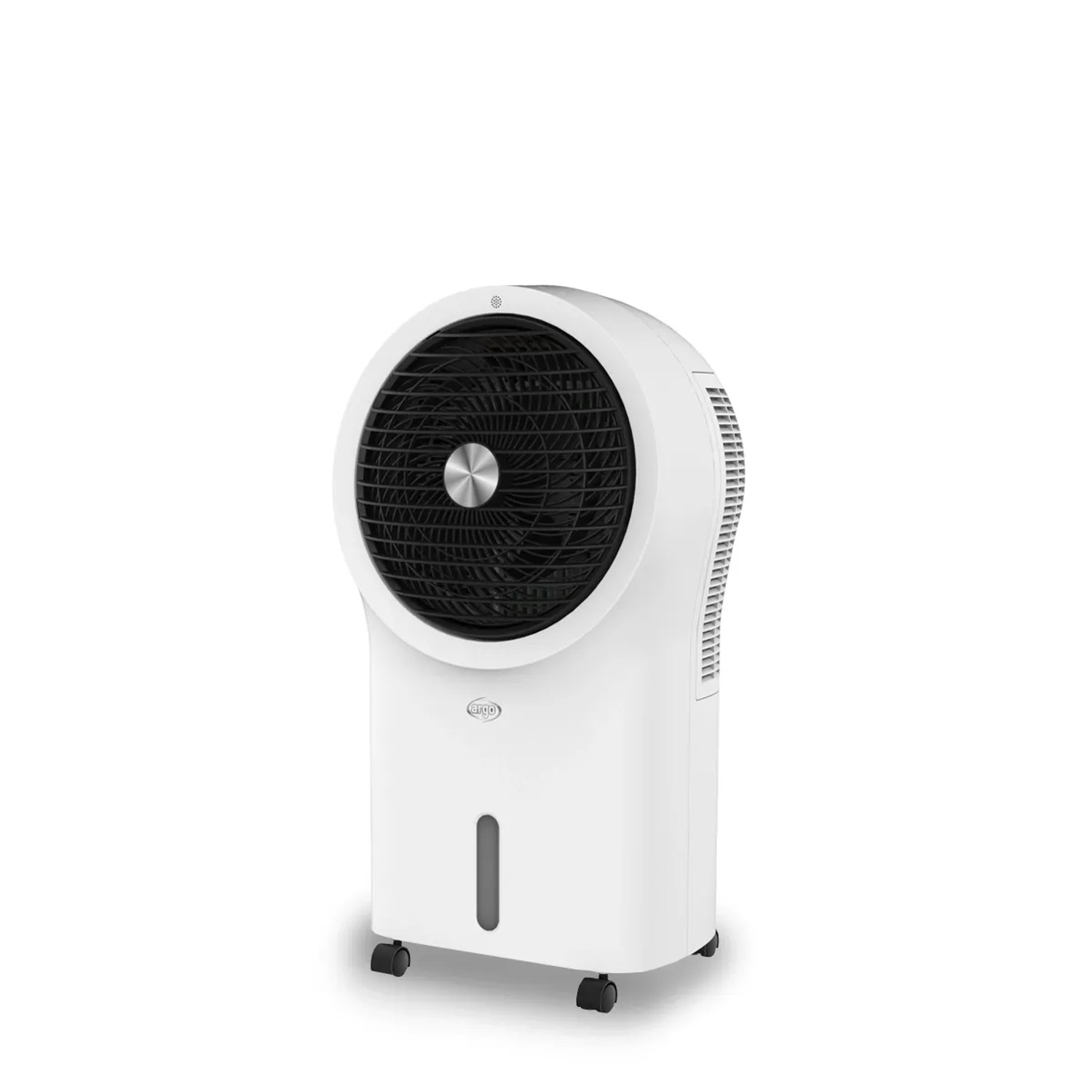 Ventilatore bianco mobile con serbatoio acqua per raffreddamento.