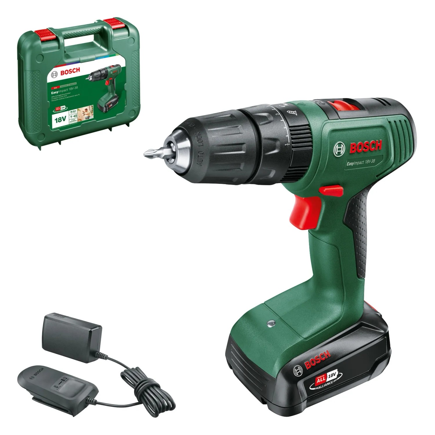 Trapano avvitatore a percussione a batteria Bosch 18V con batteria, caricabatterie e valigetta.