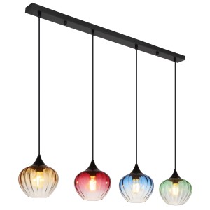 Lampada a sospensione t.b.t. con quattro paralumi in vetro colorato (giallo, rosso, blu, verde).