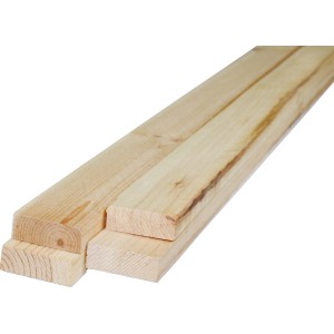 Listelli in legno grezzo, colore legno chiaro, venature visibili.