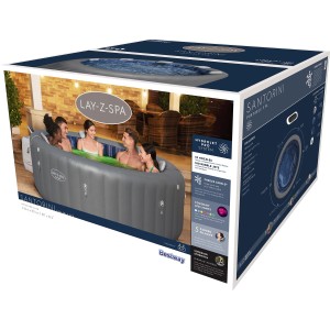 Confezione della vasca idromassaggio Bestway LAY-Z-SPA Santorini HydroJet Pro, 216x80cm, con informazioni sul prodotto.