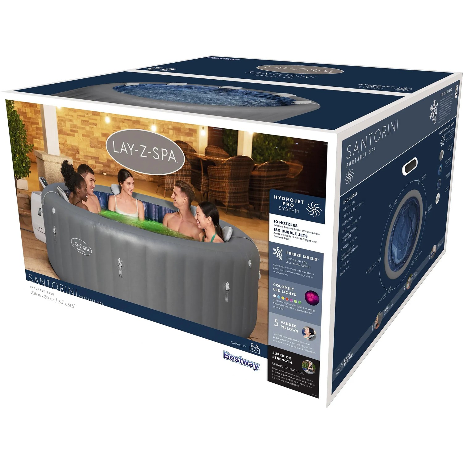 Confezione della vasca idromassaggio Bestway LAY-Z-SPA Santorini HydroJet Pro, 216x80cm, con informazioni sul prodotto.