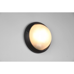 Plafoniera t.b.t. rotonda con cornice nera e diffusore luminoso a coste.