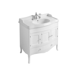 Mobile bagno bianco con lavabo e rubinetto per arredamento bagno.