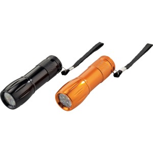 Torcia LED in alluminio antracite e arancione con cinturino da polso.